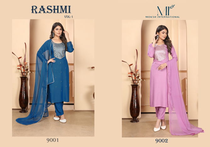 Rashmi Vol 1 By Moksh Premium Rayon Kurti With Bottom Dupatta Suppliers In India